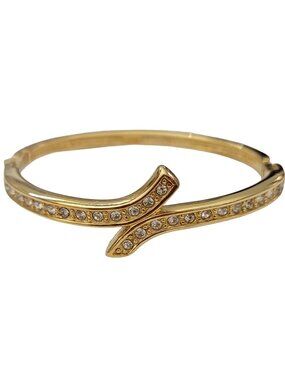 Vintage Napier Gold Tone Hinged Tongue Clasp Clear Rhinestone Bracelet 7”L, K456